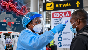 Ebola screening at an African airport as health authorities strengthen disease surveillance and cross-border monitoring.
