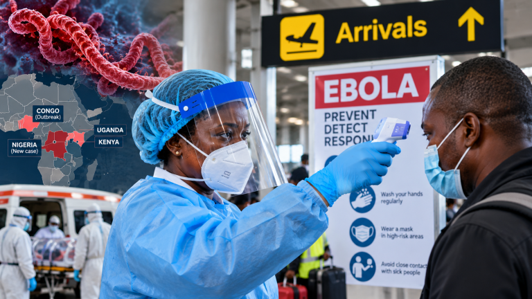Ebola screening at an African airport as health authorities strengthen disease surveillance and cross-border monitoring.